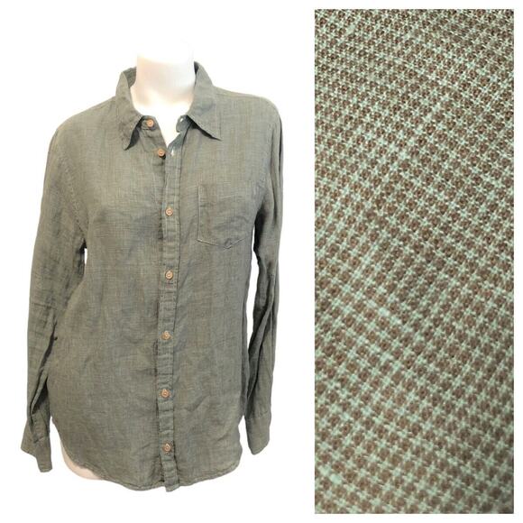 CP Shades 100% Linen Shirt Womens Large Blue Houndstooth Button Up Made in USA